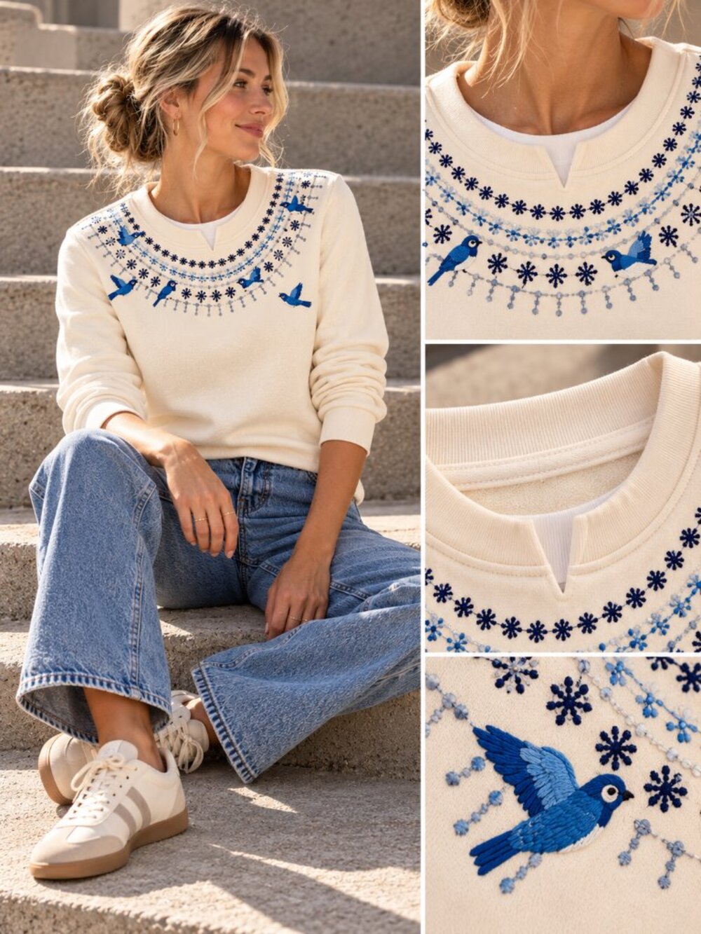 Adrian Delafield Vintage Embroidered Bird Snowflake Sweatshirt | Size L